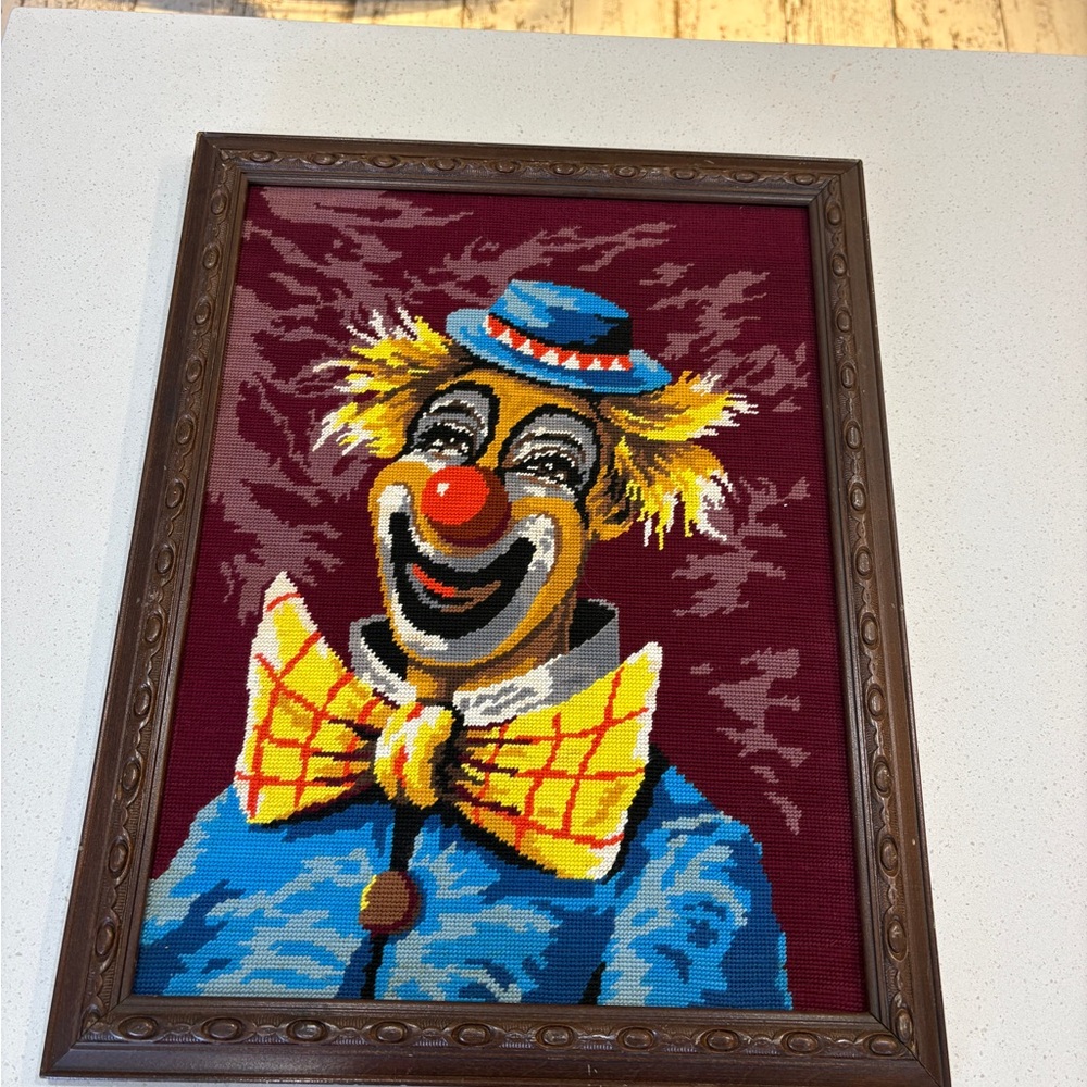 Colorful Clown Needlepoint Art in Wooden Frame 1950s Vintage